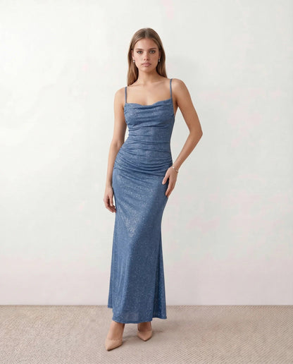 Glitter Ruched Cowl Maxi Dress