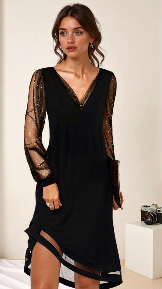 Long Sleeve Glitter Tulle V-Neck Mini Dress