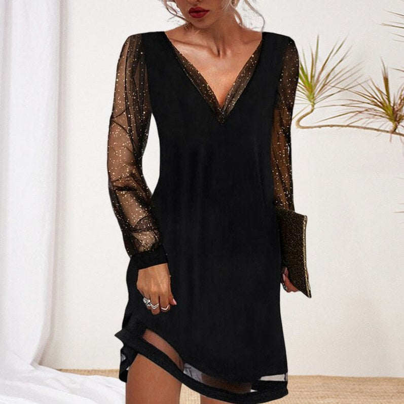 Long Sleeve Glitter Tulle V-Neck Mini Dress
