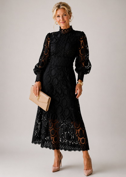 Guipure Lace Long Sleeve Midi Dress