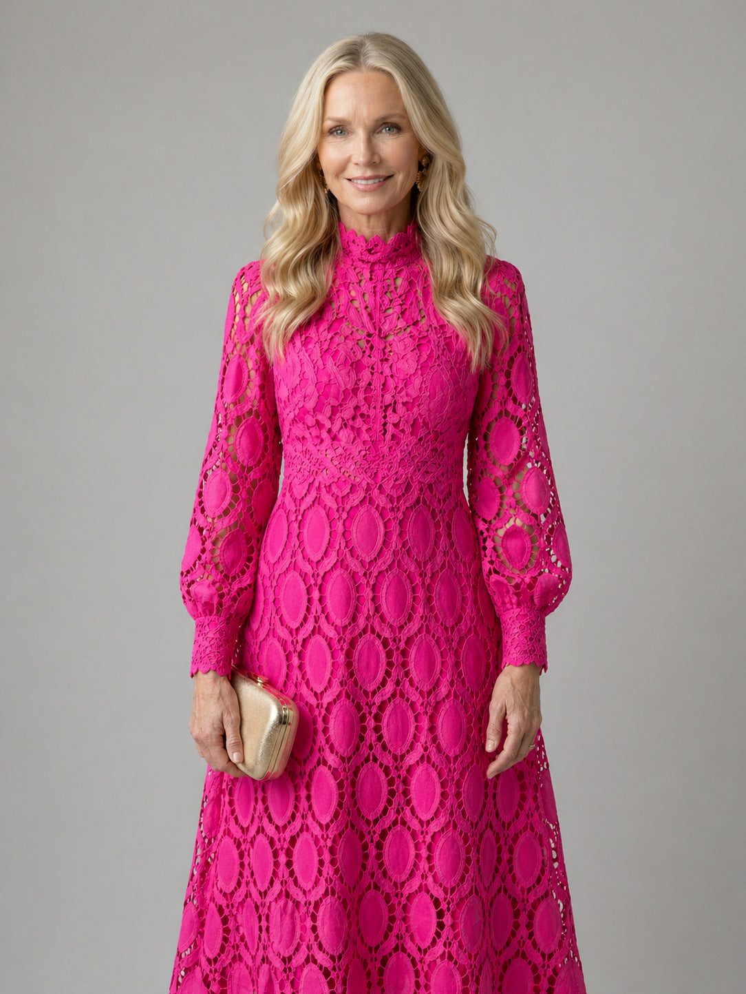 Guipure Lace Long Sleeve Midi Dress