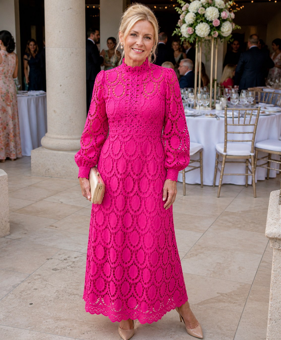 Guipure Lace Long Sleeve Midi Dress