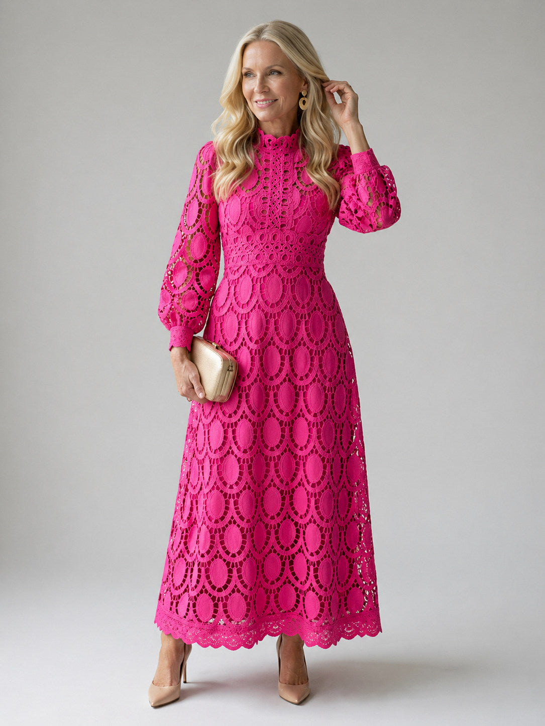 Guipure Lace Long Sleeve Midi Dress