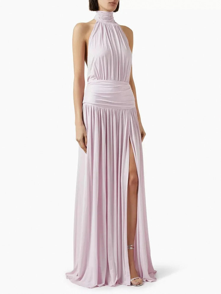 Halter Ruched Slit Maxi Dress