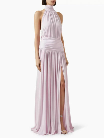 Halter Ruched Slit Maxi Dress