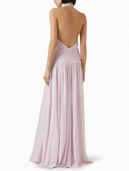 Halter Ruched Slit Maxi Dress