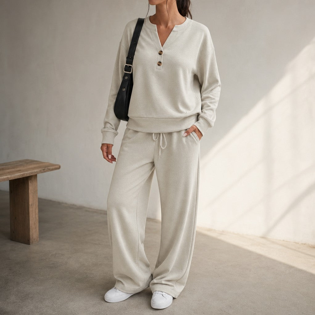 Henley Drawstring Wide Leg Lounge Set