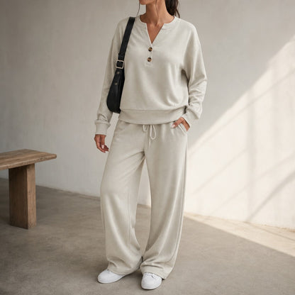 Henley Drawstring Wide Leg Lounge Set