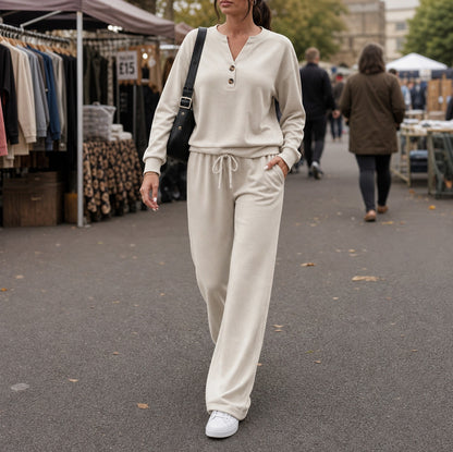 Henley Drawstring Wide Leg Lounge Set