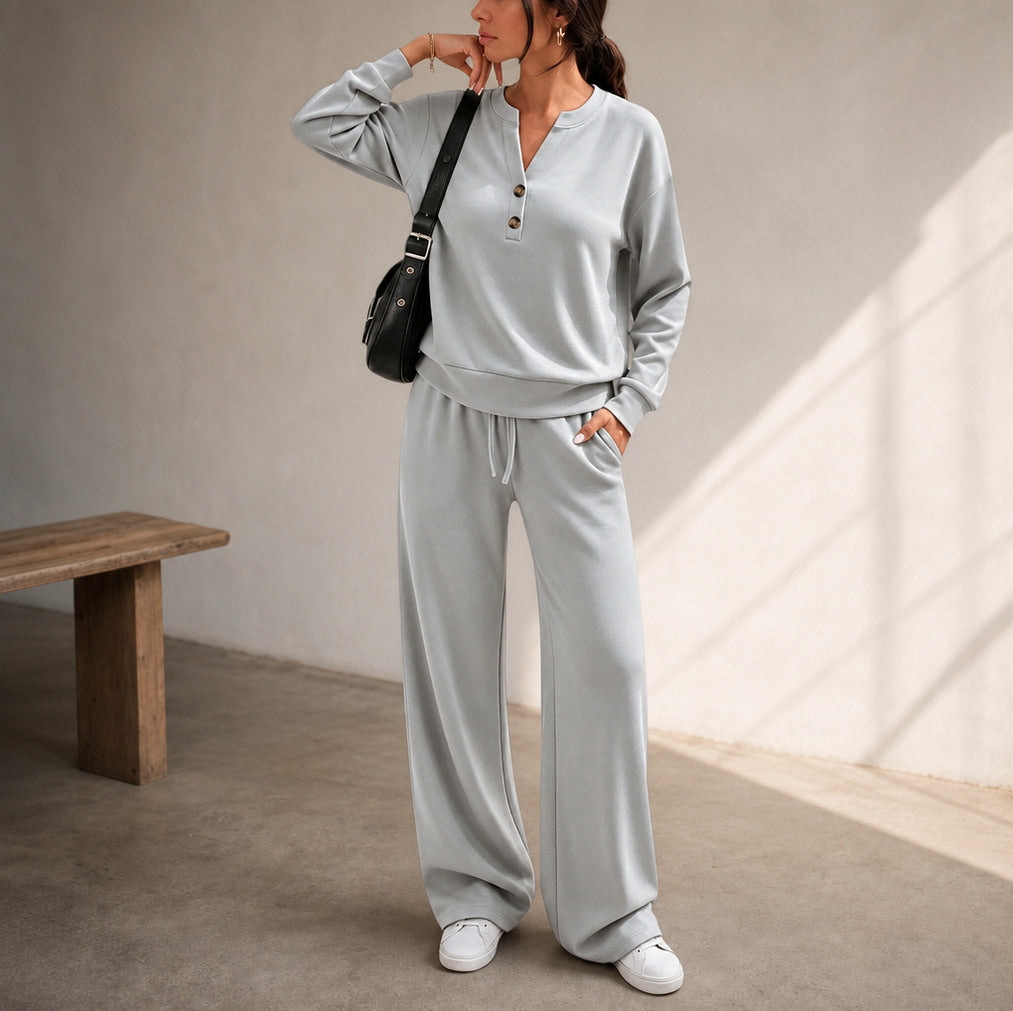 Henley Drawstring Wide Leg Lounge Set