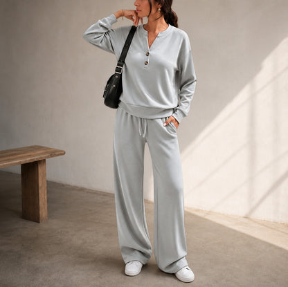 Henley Drawstring Wide Leg Lounge Set