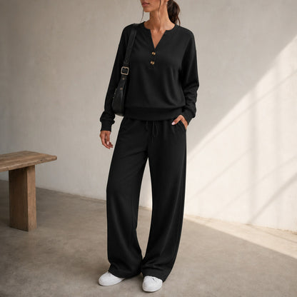 Henley Drawstring Wide Leg Lounge Set