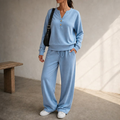 Henley Drawstring Wide Leg Lounge Set