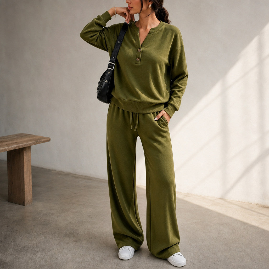 Henley Drawstring Wide Leg Lounge Set