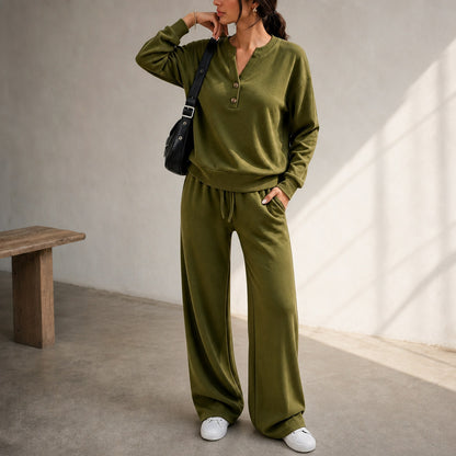 Henley Drawstring Wide Leg Lounge Set