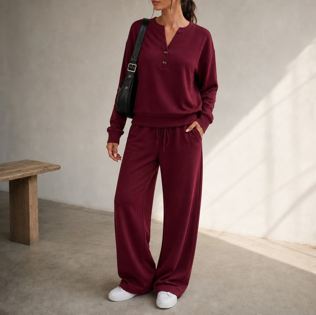 Henley Drawstring Wide Leg Lounge Set