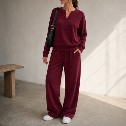 Henley Drawstring Wide Leg Lounge Set