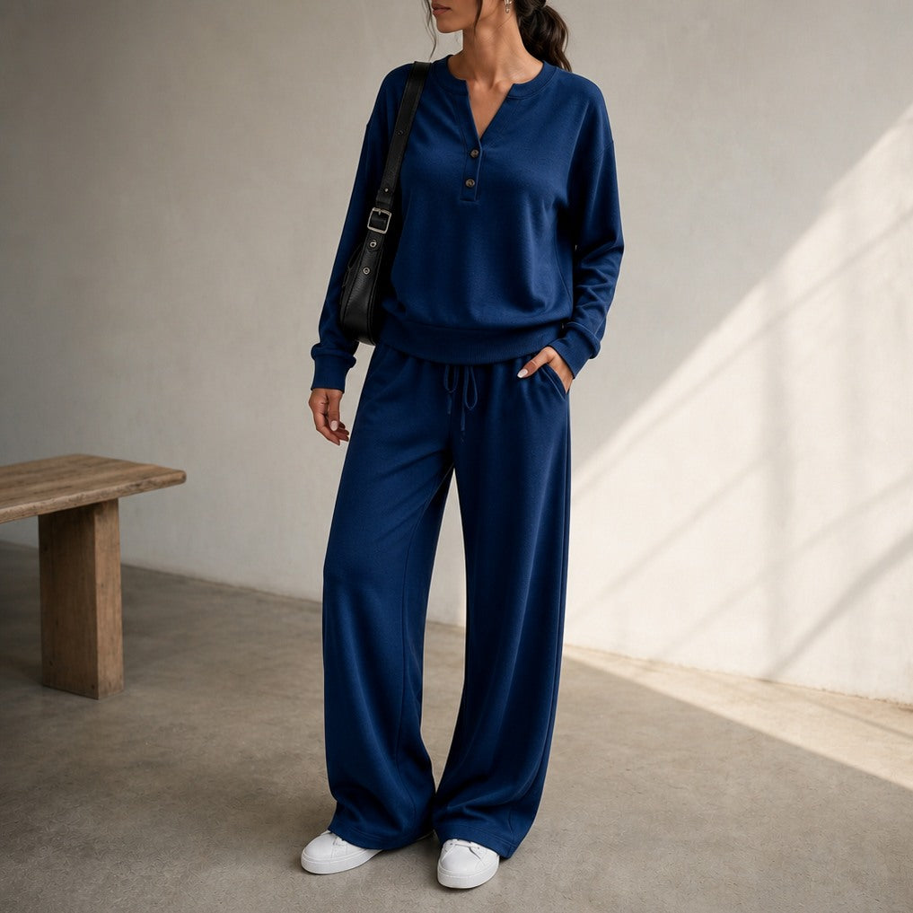 Henley Drawstring Wide Leg Lounge Set