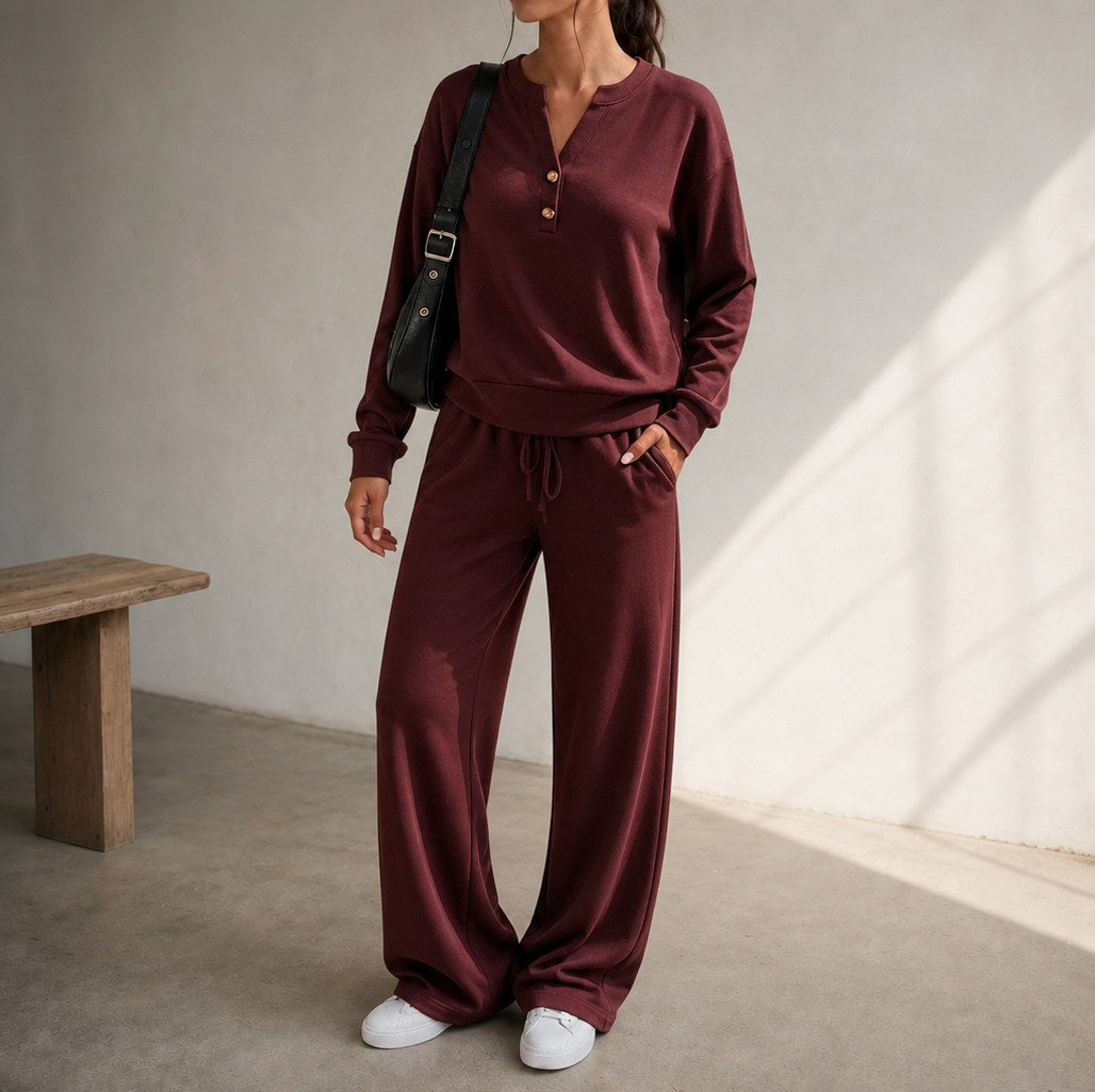 Henley Drawstring Wide Leg Lounge Set