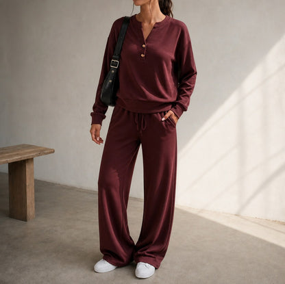 Henley Drawstring Wide Leg Lounge Set