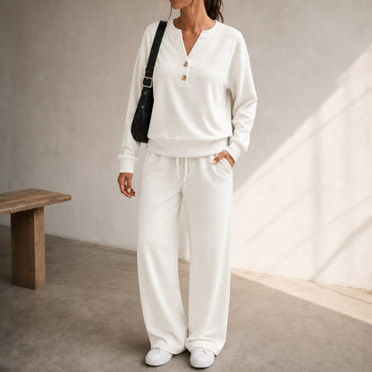 Henley Drawstring Wide Leg Lounge Set