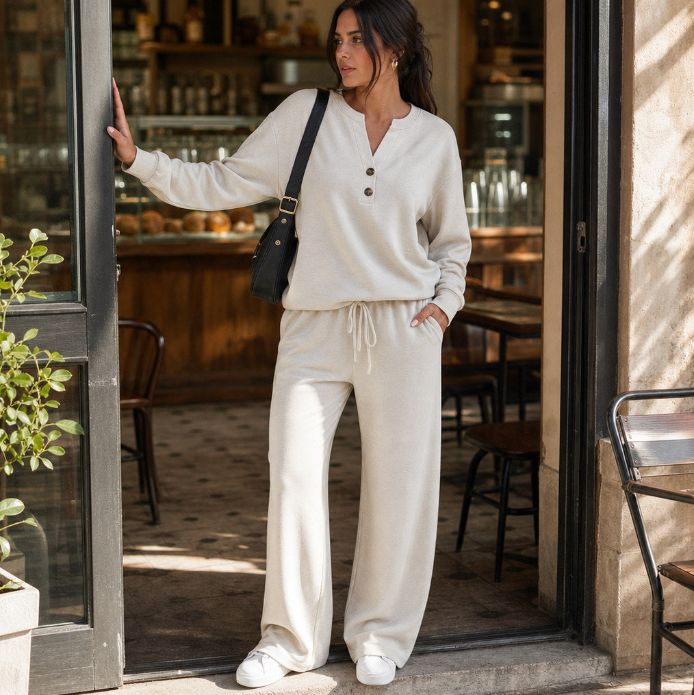 Henley Drawstring Wide Leg Lounge Set