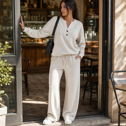 Henley Drawstring Wide Leg Lounge Set