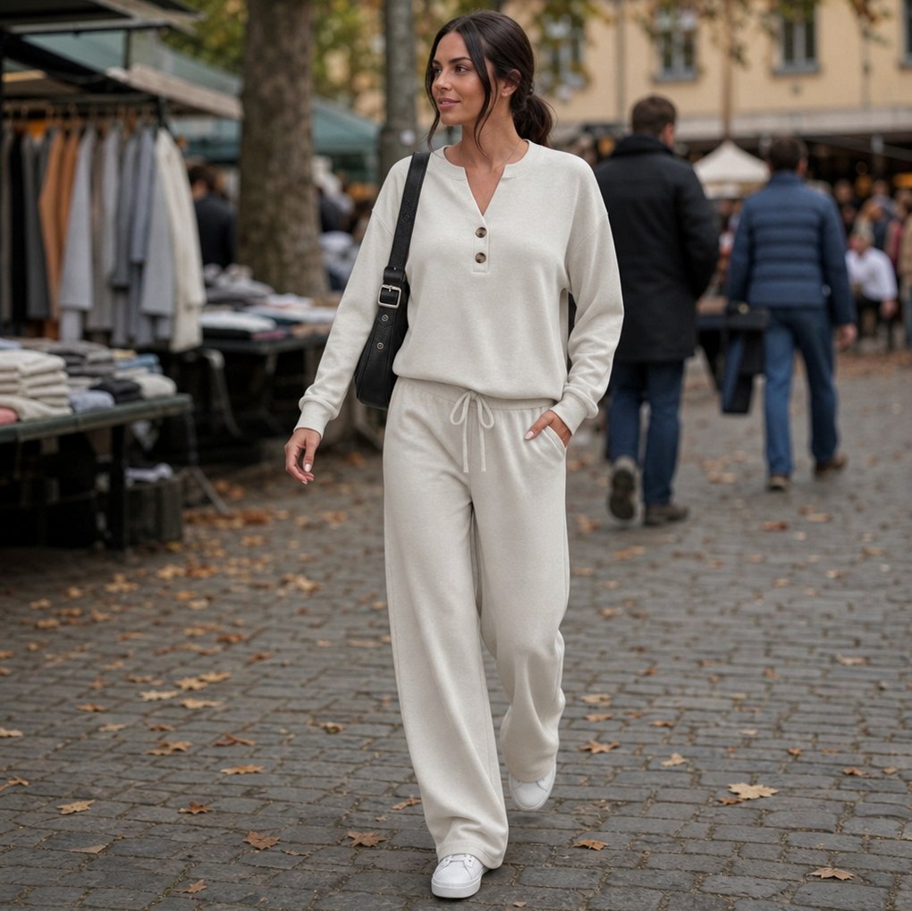 Henley Drawstring Wide Leg Lounge Set