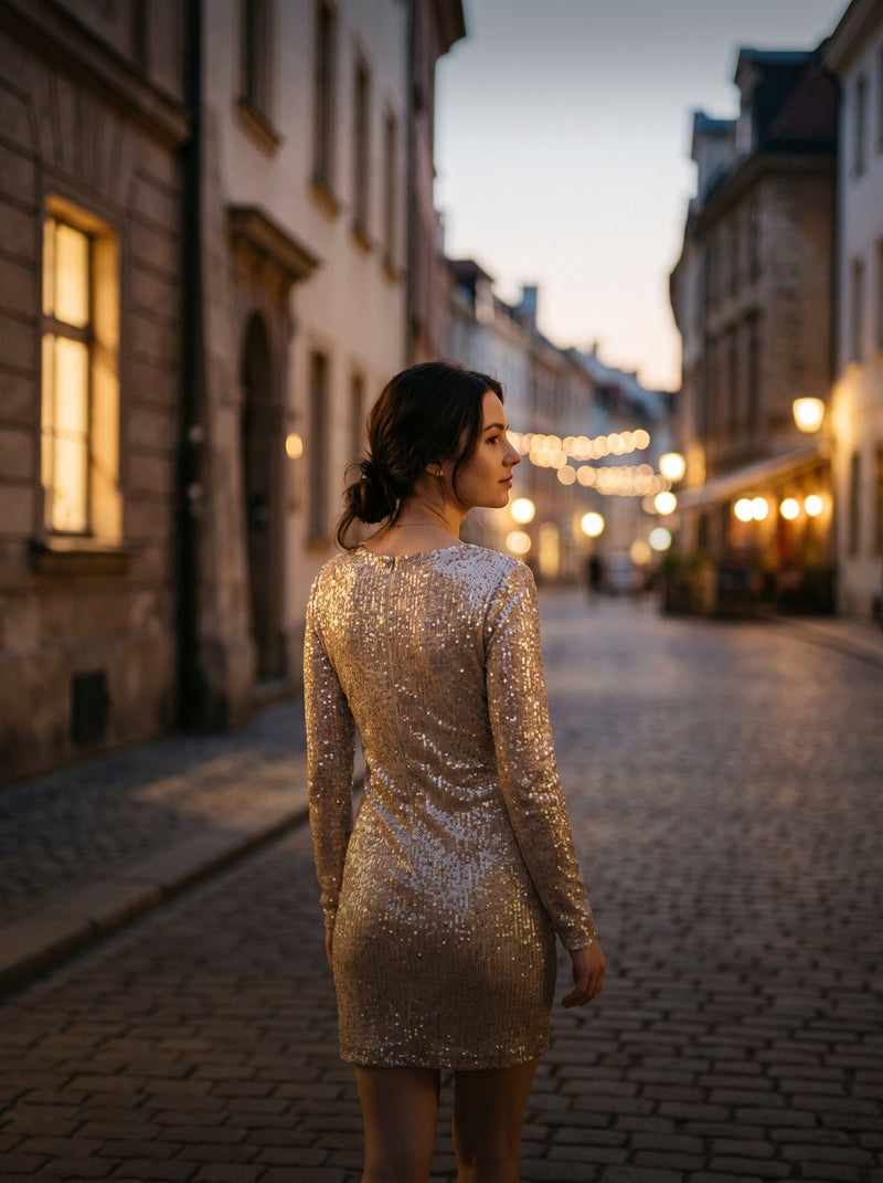 Woman in a champagne sequin long sleeve mini dress on a cobbled street at dusk