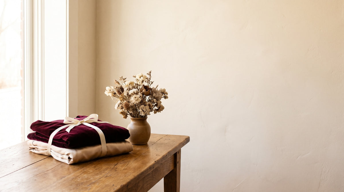 Folded burgundy velvet and champagne satin dresses tied with a cream ribbon beside dried flowers