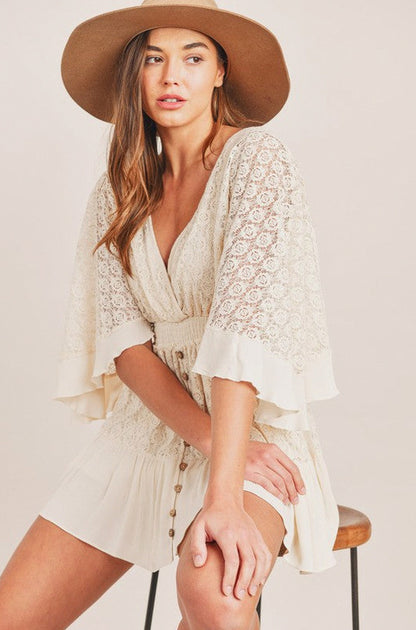 Lace Babydoll Kimono Sleeve Smocked Button Front Mini Dress