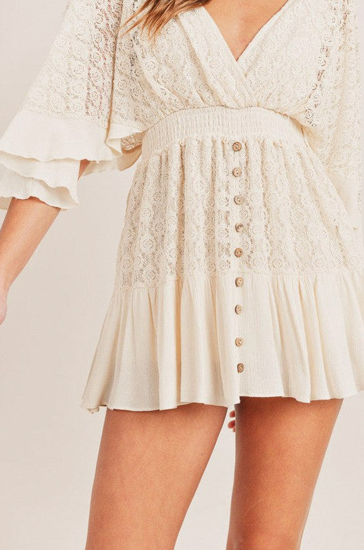 Lace Babydoll Kimono Sleeve Smocked Button Front Mini Dress