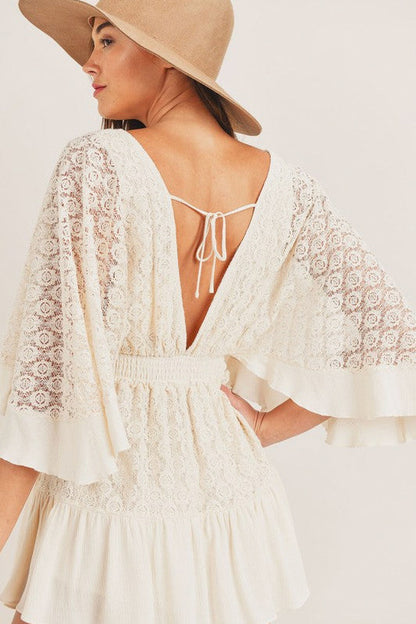 Lace Babydoll Kimono Sleeve Smocked Button Front Mini Dress