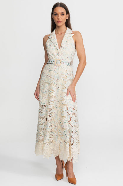 Lace Collared Belted Button Front Midi Dress