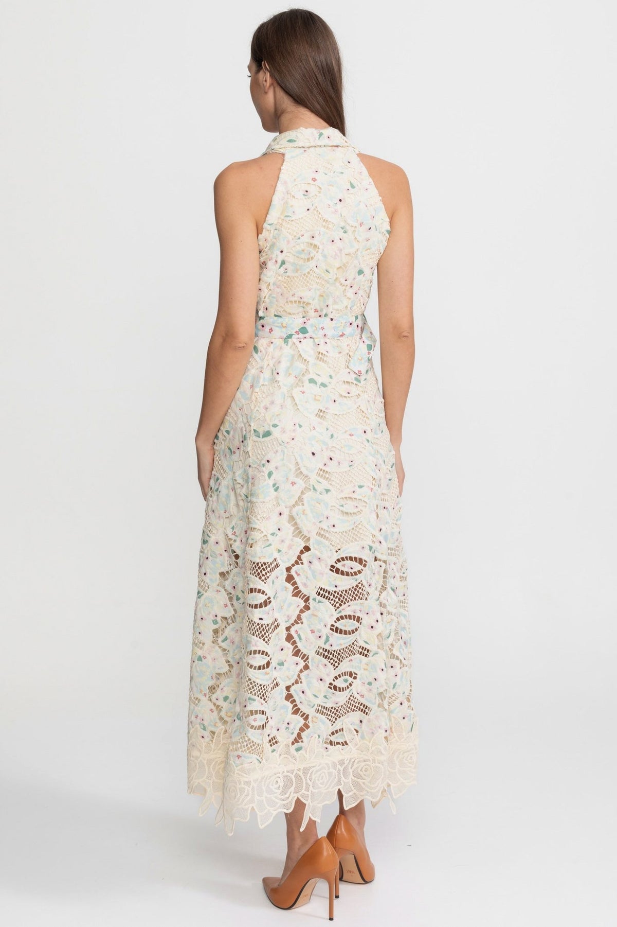 Lace Collared Belted Button Front Midi Dress