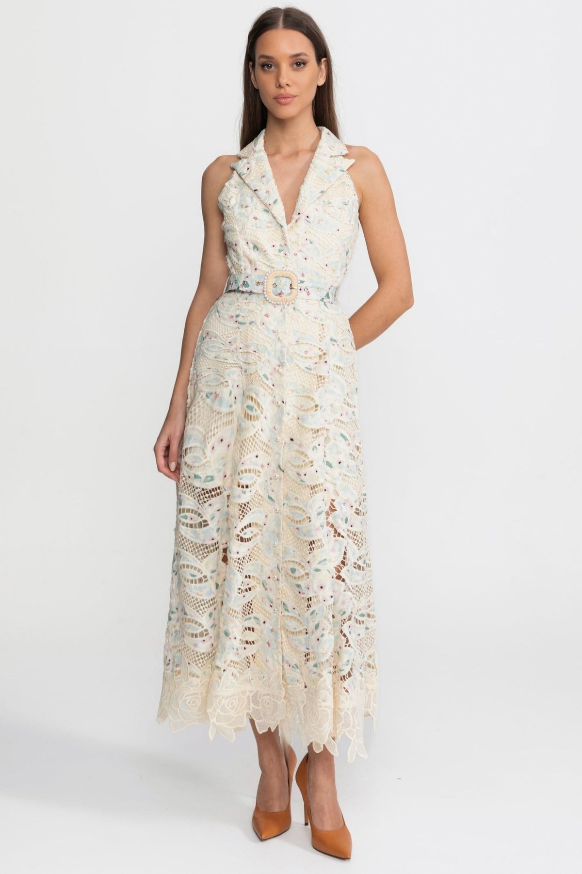 Lace Collared Belted Button Front Midi Dress
