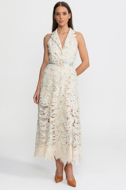 Lace Collared Belted Button Front Midi Dress