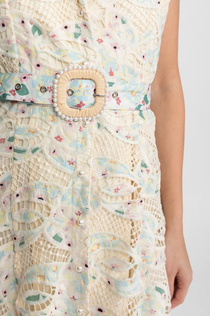 Lace Collared Belted Button Front Midi Dress