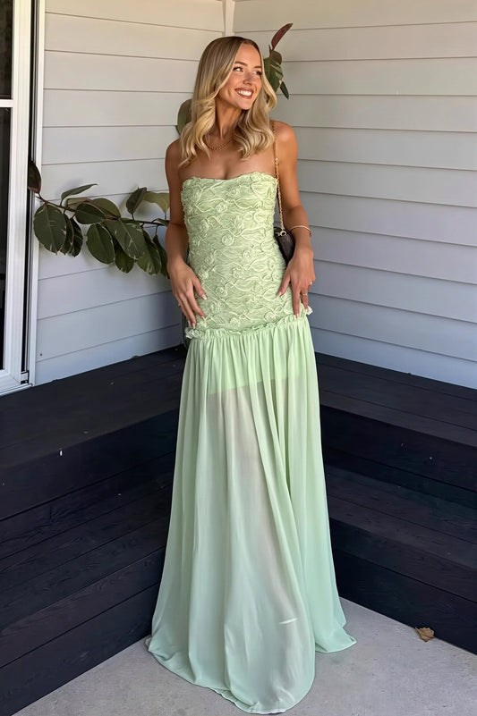 Strapless Lace Drop Waist Chiffon Maxi Dress