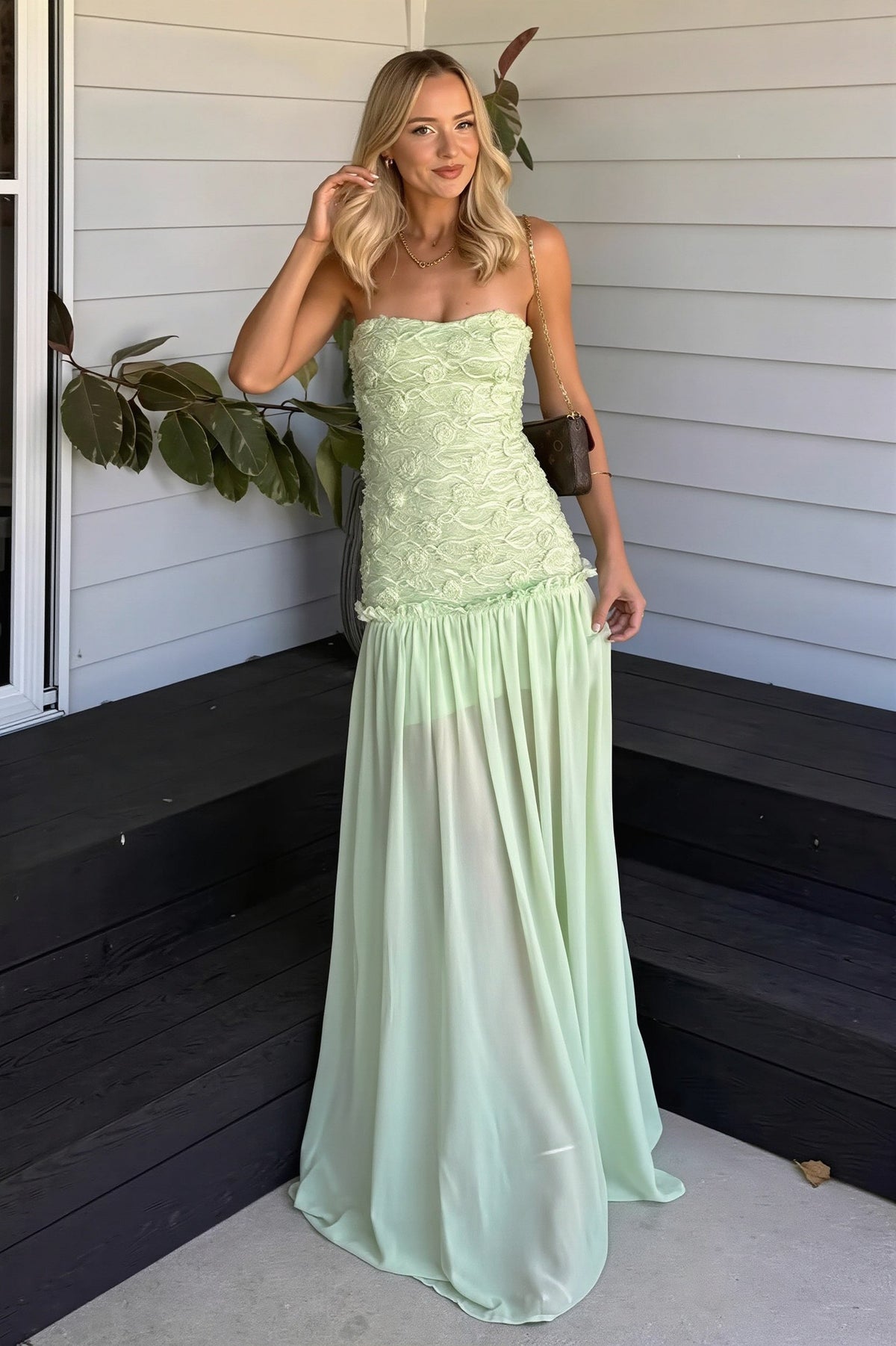 Strapless Lace Drop Waist Chiffon Maxi Dress