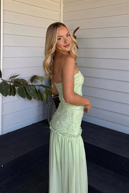 Strapless Lace Drop Waist Chiffon Maxi Dress
