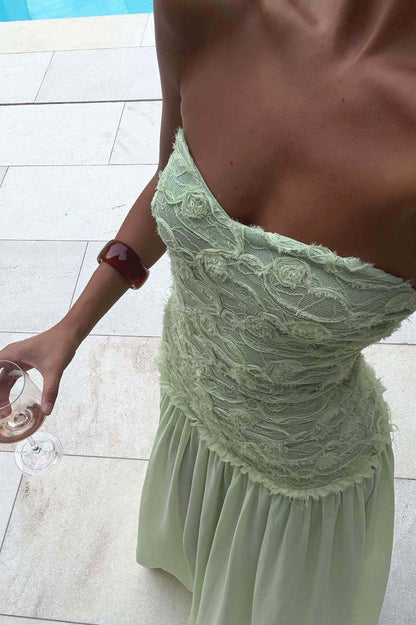 Strapless Lace Drop Waist Chiffon Maxi Dress