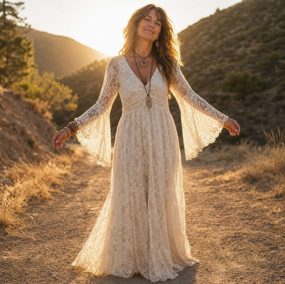 Lace Long Sleeve Empire Maxi Dress