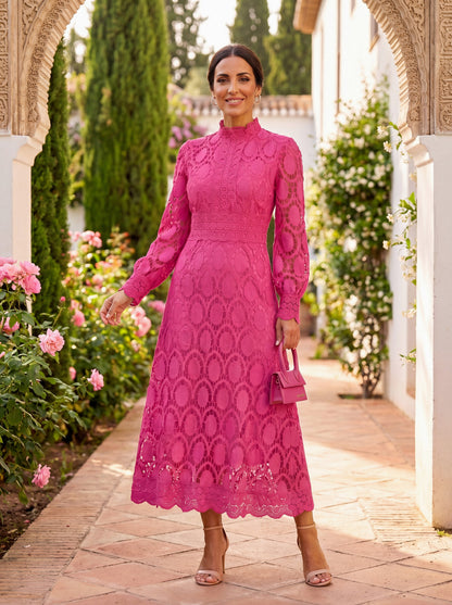 Lace Long Sleeve Mock Neck A-Line Modest Midi Dress