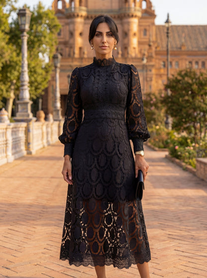 Lace Long Sleeve Mock Neck A-Line Modest Midi Dress