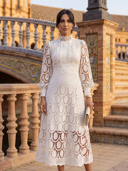 Lace Long Sleeve Mock Neck A-Line Modest Midi Dress