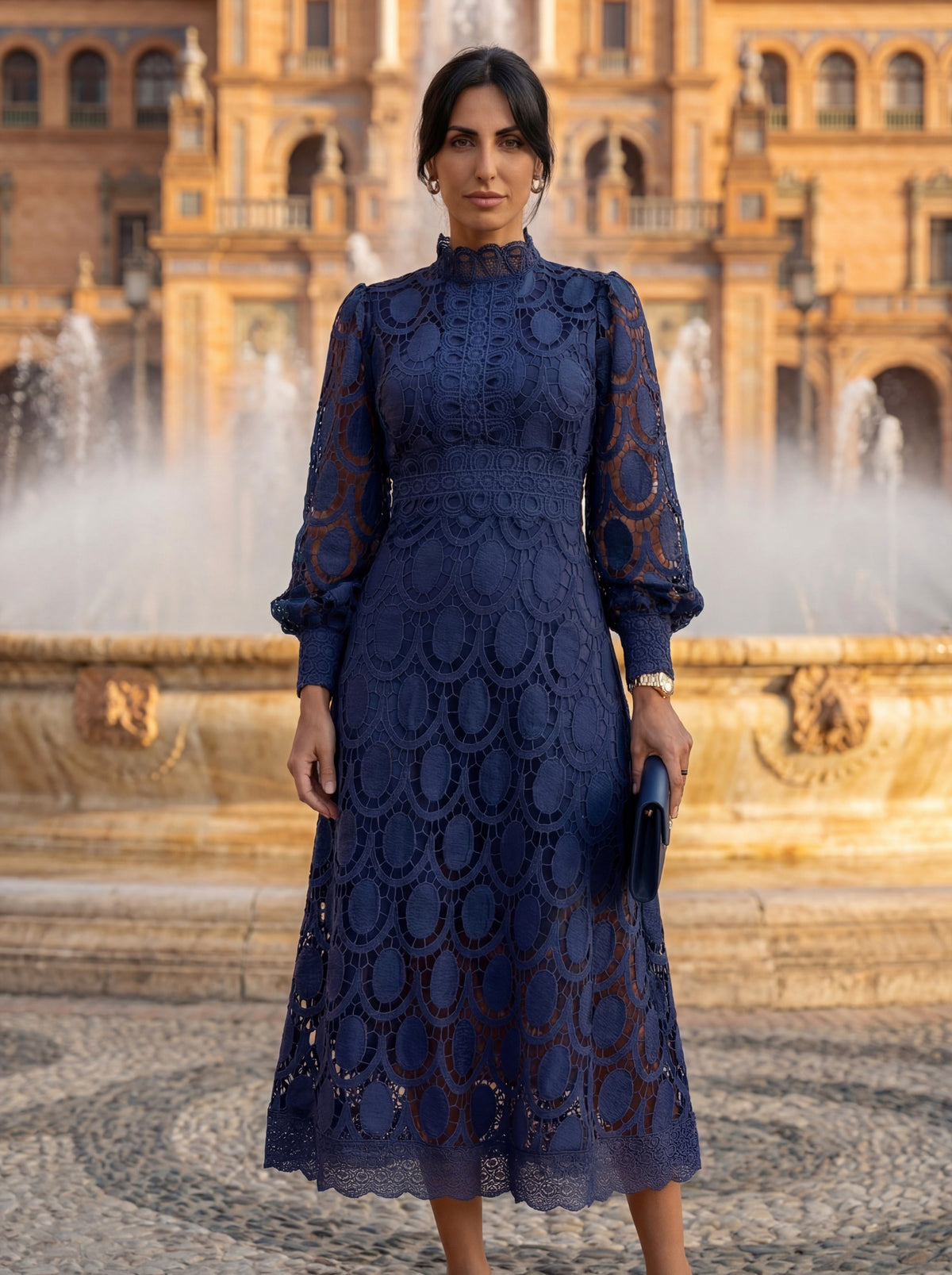 Lace Long Sleeve Mock Neck A-Line Modest Midi Dress
