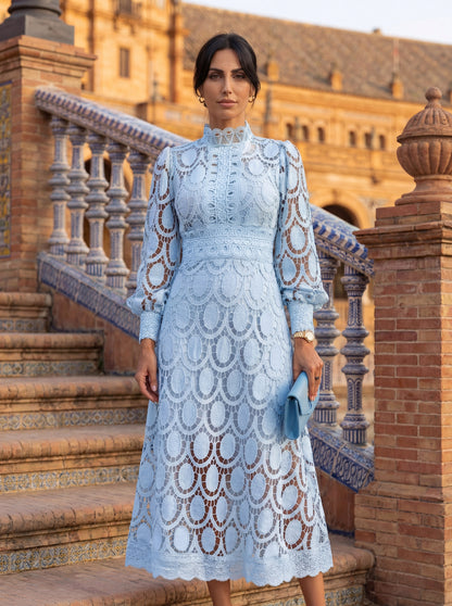 Lace Long Sleeve Mock Neck A-Line Modest Midi Dress