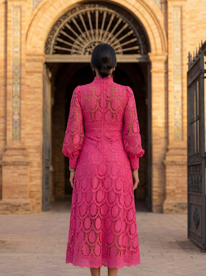 Lace Long Sleeve Mock Neck A-Line Modest Midi Dress