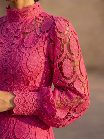 Lace Long Sleeve Mock Neck A-Line Modest Midi Dress
